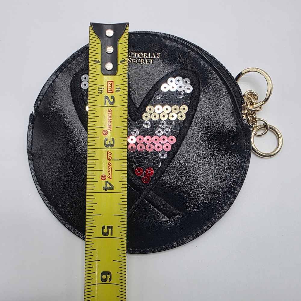 Victoria's Secret Black Sequin Heart Round Coin Purse Keychain Bag Charm - Picture 5 of 5